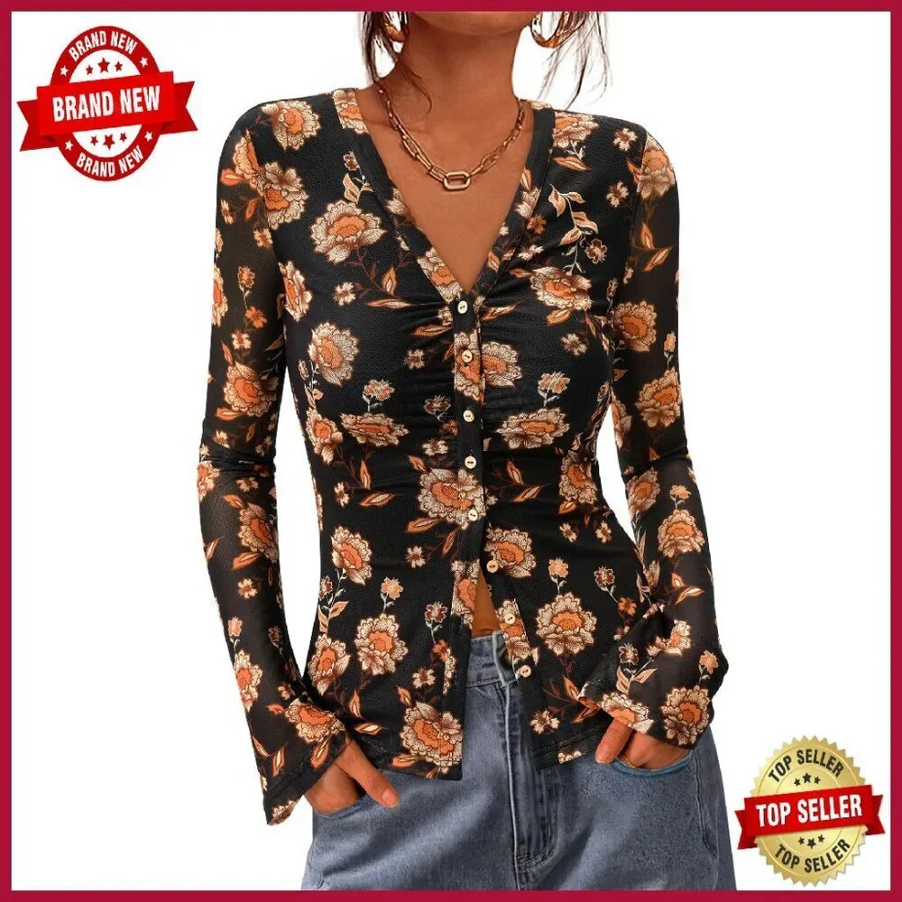 Mesh Button Down Blouse Long Sleeve V Neck Ruched Slim Fit